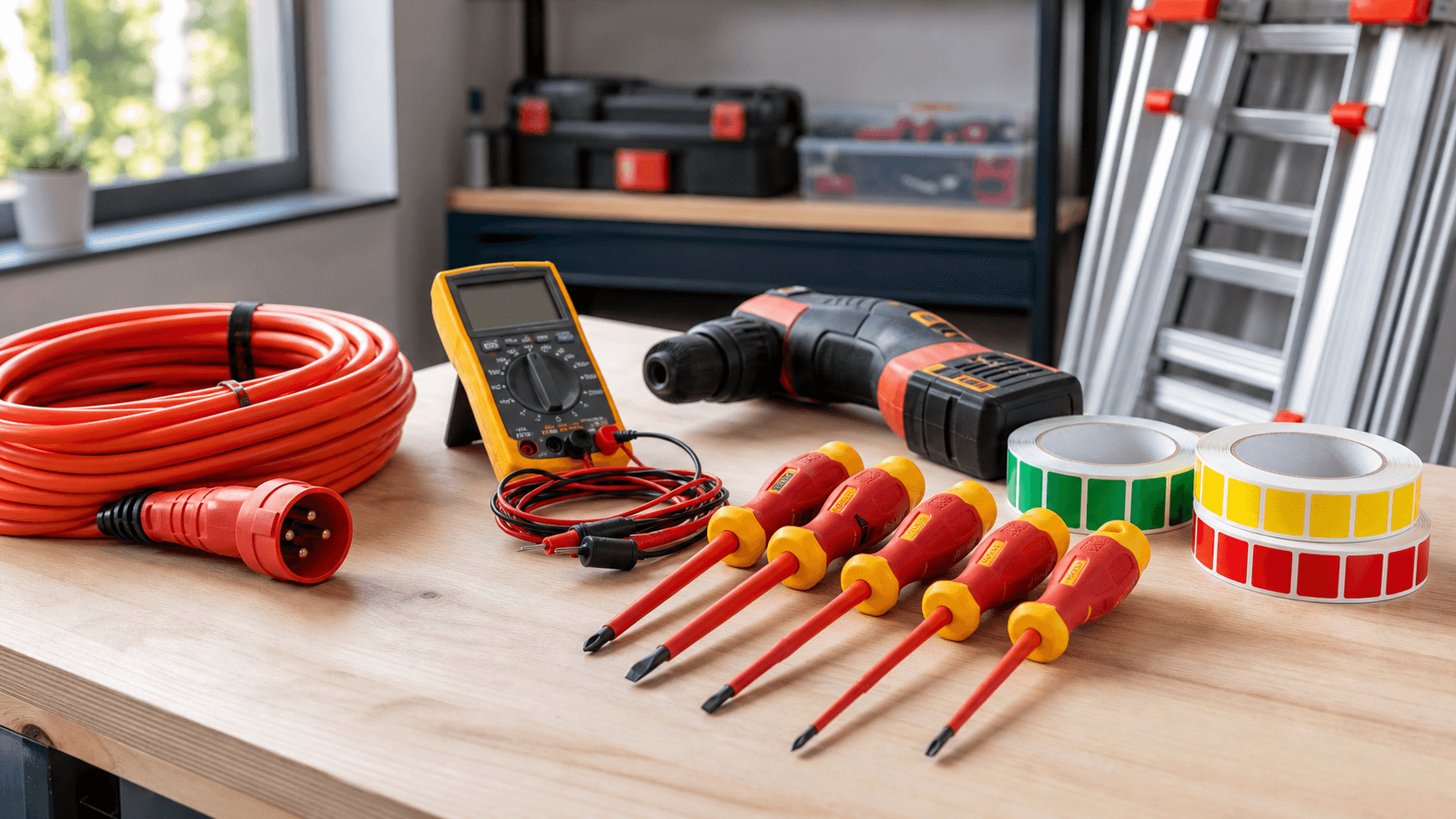 Gereedschap en keuringsapparatuur op een werkbank